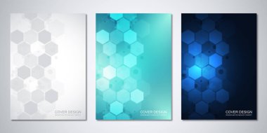 Kapak için vektör şablonları veya soyut altıgen desenli broşürler. Tıbbi, sağlık teknolojisi, yenilik tıbbı, bilim için kavramlar ve fikirler.