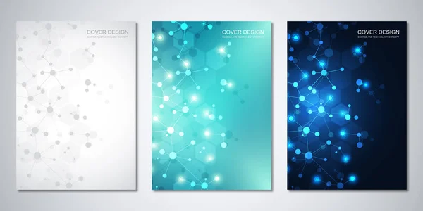 Vector templates for cover or brochure, with molecules background and neural network. Abstract geometric background of connected lines and dots. Science and technology concept. — Stock Vector