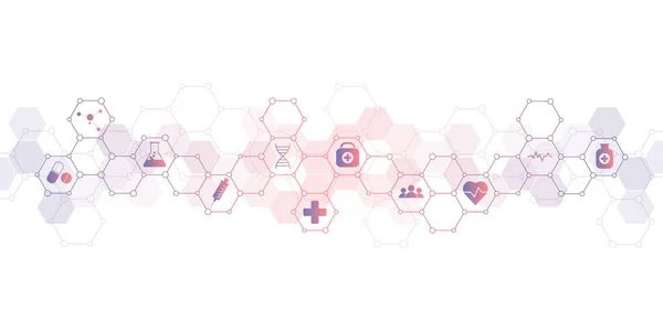 Abstrakter medizinischer Hintergrund mit flachen Symbolen und Symbolen. Konzepte und Ideen für Gesundheitstechnologie, Innovationsmedizin, Gesundheit, Wissenschaft und Forschung. — Stockfoto