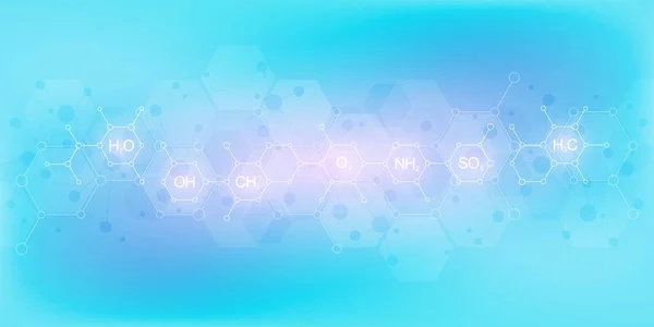 Patrón químico abstracto sobre fondo azul suave con fórmulas químicas y estructuras moleculares. Concepto de ciencia e innovación tecnológica . — Vector de stock