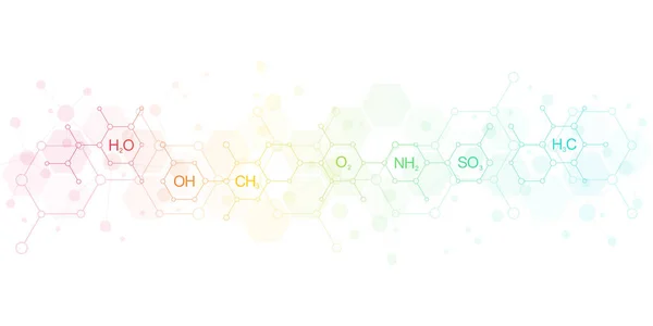 Abstrakter chemischer Hintergrund mit chemischen Formeln und molekularen Strukturen. Konzept für Wissenschaft und Innovationstechnologie. — Stockvektor