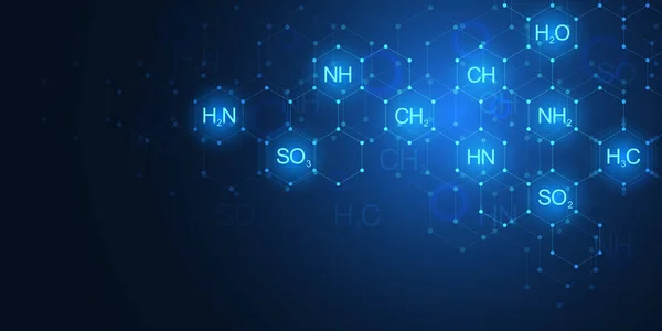 Abstrakcyjny wzór chemiczny na ciemnym niebieskim tle z receptur chemicznych i struktur molekularnych. Koncepcja technologii nauki i innowacji. — Wektor stockowy