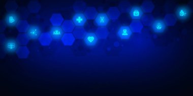 Tıbbi arka plan düz simgeler ve semboller. Kavram ve fikirler sağlık teknoloji, yenilik tıp, sağlık, bilim ve araştırma için.