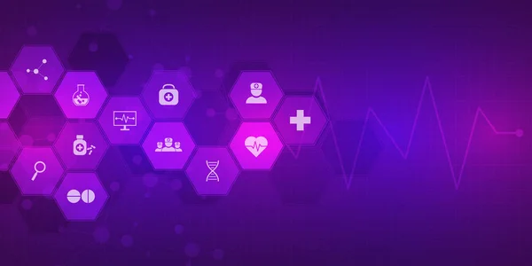 フラット アイコンとシンボルの抽象的な医療背景。概念と医療技術、イノベーション医学、健康、科学および研究のためのアイデア. — ストックベクタ