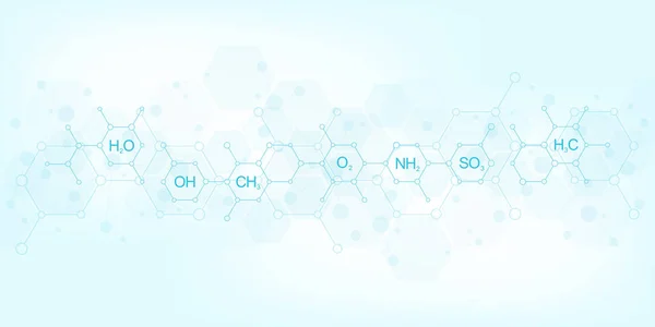 Abstrakcyjny wzór chemiczny na ciemnym niebieskim tle z receptur chemicznych i struktur molekularnych. Koncepcja technologii nauki i innowacji. — Wektor stockowy