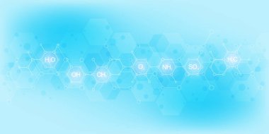 Kimyasal formüller ve moleküler yapılar ile açık mavi arka plan üzerinde soyut kimya deseni. Bilim ve inovasyon teknolojisi kavramı.