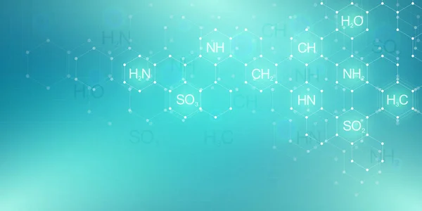 Modello astratto di chimica su fondo verde con formule chimiche e strutture molecolari. Concetto di scienza e innovazione tecnologica. — Vettoriale Stock