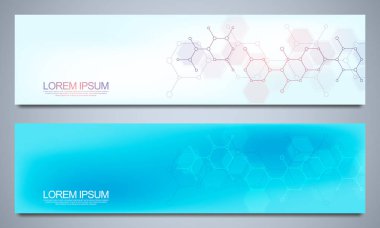 Moleküler yapıları ile site için afiş tasarım şablonu ve başlıkları. Soyut vektör arka plan. Bilim, tıp ve yenilik teknolojisi konsepti. Dekorasyon Web sitesi ve diğer fikirler.