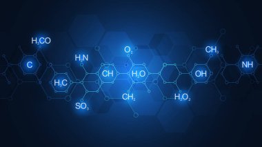 Kimyasal formüller ve moleküler yapılarla koyu mavi arka planda soyut kimya kalıbı. Bilim ve yenilik teknolojisi konsepti ve fikri olan şablon tasarımı.