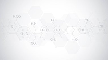 Kimyasal formüller ve moleküler yapılarla yumuşak gri arka planda soyut Kimya deseni. Bilim ve yenilik teknolojisi için konsept ve fikir ile şablon tasarımı.