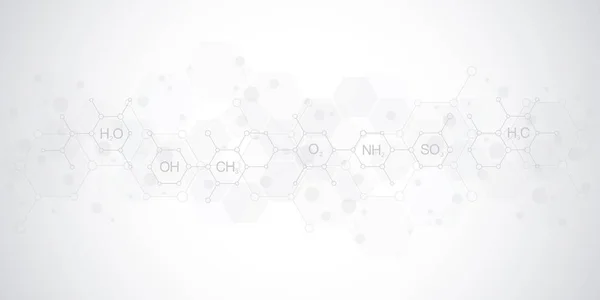 Abstrakcyjny wzór chemiczny na miękkim szarym tle z receptur chemicznych i struktur molekularnych. Projekt szablonu z koncepcją i pomysłem na technologię nauki i innowacji. — Wektor stockowy