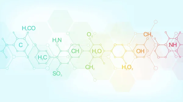 Modello astratto di chimica su fondo blu tenue con formule chimiche e strutture molecolari. Progettazione di modelli con concetto e idea per la scienza e l'innovazione tecnologica . — Vettoriale Stock