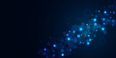 Koyu mavi arka plan daki soyut moleküller. Moleküler yapılar ya da DNA iplikçikleri, sinir ağı, genetik mühendisliği. Bilimsel ve teknolojik kavram.