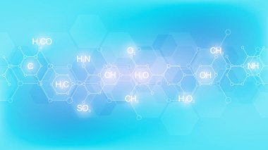 Kimyasal formüller ve moleküler yapıları ile yumuşak mavi arka planda soyut Kimya deseni. Bilim ve yenilik teknolojisi için konsept ve fikir ile şablon tasarımı.