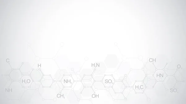 Absztrakt kémiai mintázat lágy szürke háttérrel kémiai képletek és molekuláris szerkezetek. Sablon tervezés koncepció és ötlet a tudományos és innovációs technológia. — Stock Vector