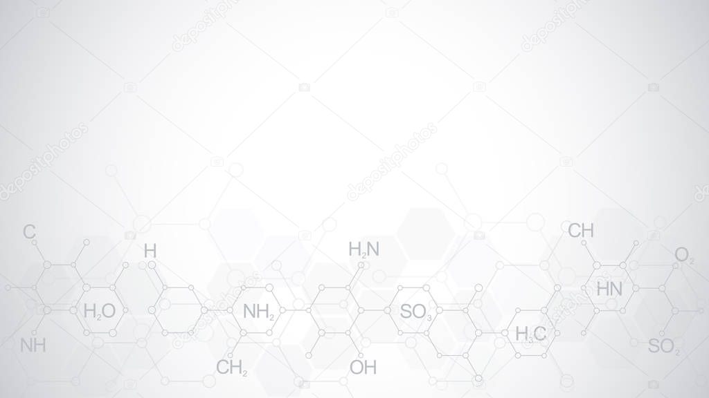 Abstract chemistry pattern on soft grey background with chemical formulas and molecular structures. Template design with concept and idea for science and innovation technology.