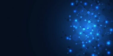 Koyu mavi arka plan daki soyut moleküller. Moleküler yapılar ya da DNA iplikçikleri, sinir ağı, genetik mühendisliği. Bilimsel ve teknolojik kavram.