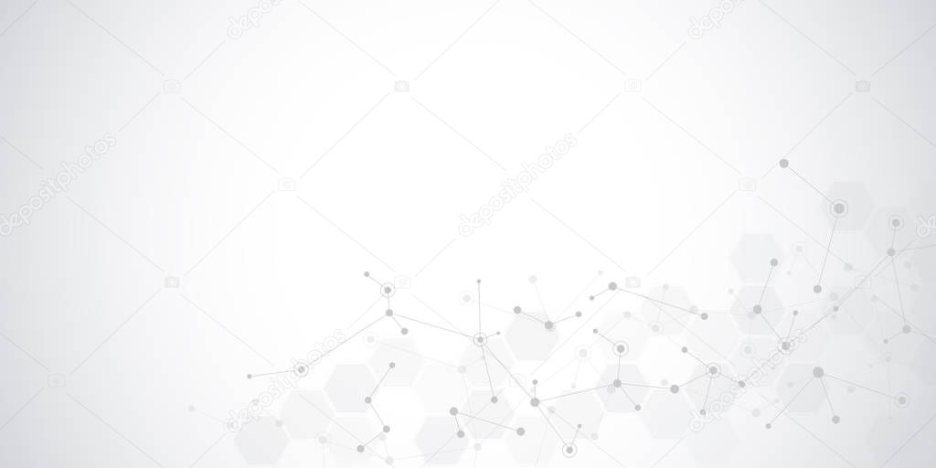 Abstract molecules on soft grey background. Molecular structures or DNA strand, neural network, genetic engineering. Scientific and technological concept.
