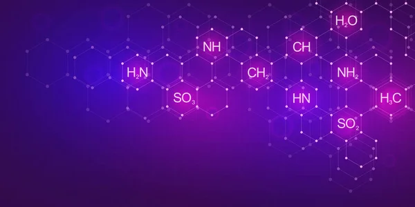 Kimyasal formüller ve moleküler yapılar ile mor arka plan üzerinde soyut kimya deseni. Bilim ve yenilik teknolojisi için kavram ve fikir ile şablon tasarım. — Stok Vektör