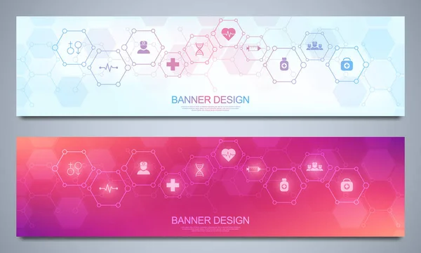 Banners πρότυπο σχεδιασμού για την υγειονομική περίθαλψη και ιατρική διακόσμηση με επίπεδες εικόνες και σύμβολα. Έννοια της επιστήμης, της ιατρικής και της τεχνολογίας καινοτομίας. — Διανυσματικό Αρχείο
