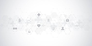 Düz simgeler ve sembollerle soyut tıbbi altyapı. Sağlık teknolojisi, yenilikçi tıp, sağlık, bilim ve araştırma için kavram ve fikir içeren şablon tasarımı.