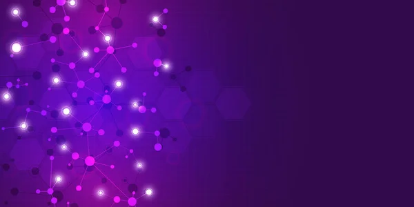 Abstract molecules on purple background. Molecular structures or DNA strand, neural network, genetic engineering. Scientific and technological concept.