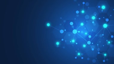 Koyu mavi arka plan daki soyut moleküller. Moleküler yapılar ya da DNA iplikçikleri, sinir ağı, genetik mühendisliği. Bilimsel ve teknolojik kavram.