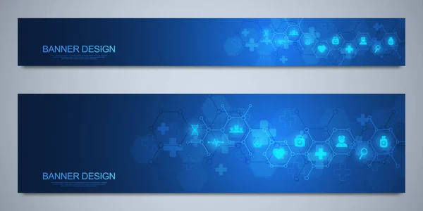Modèle de conception de bannières pour la santé et la décoration médicale avec des icônes plates et des symboles. Science, médecine et innovation concept technologique. — Image vectorielle