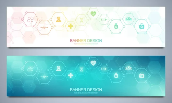 Banner Design-Vorlage für Gesundheitswesen und medizinische Dekoration mit flachen Symbolen und Symbolen. Konzept für Wissenschaft, Medizin und Innovationstechnologie. — Stockvektor