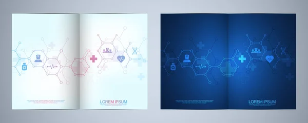 Template brochure or cover design, book, flyer, with medical icons and symbols. Healthcare, science and medicine technology concept.