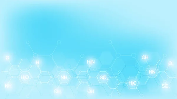 Patrón químico abstracto sobre fondo azul suave con fórmulas químicas y estructuras moleculares. Diseño de plantillas con concepto e idea para tecnología de ciencia e innovación . — Vector de stock
