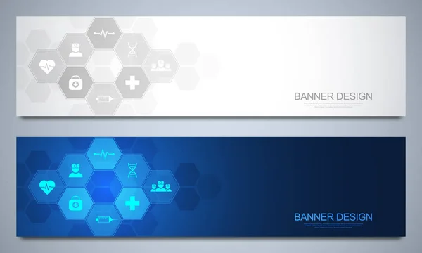 Plantilla de diseño de banners para la salud y la decoración médica con iconos y símbolos planos. Ciencia, medicina e innovación Concepto tecnológico. — Vector de stock