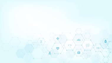 Düz simgeler ve sembollerle soyut tıbbi altyapı. Sağlık teknolojisi, yenilikçi tıp, sağlık, bilim ve araştırma için kavram ve fikir içeren şablon tasarımı.