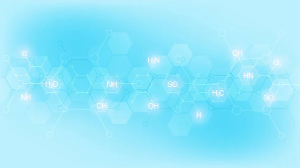 Abstrait chemistry pattern on soft blue background with chemical formulas and molecular structures. Conception de modèles avec concept et idée pour la science et la technologie de l'innovation . — Image vectorielle