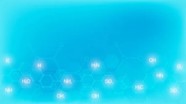 Patrón químico abstracto sobre fondo azul suave con fórmulas químicas y estructuras moleculares. Diseño de plantillas con concepto e idea para tecnología de ciencia e innovación . — Vector de stock