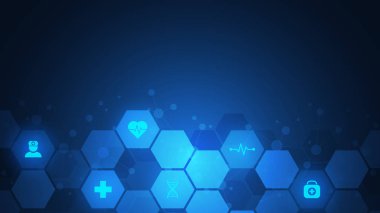 Düz simgeler ve sembollerle soyut tıbbi altyapı. Sağlık teknolojisi, yenilikçi tıp, sağlık, bilim ve araştırma için kavram ve fikir içeren şablon tasarımı.