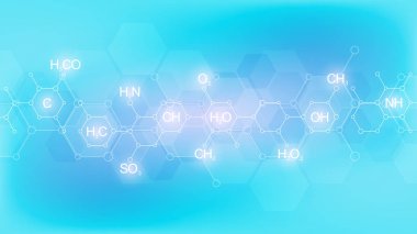 Kimyasal formüller ve moleküler yapılarla mavi arka planda soyut kimya kalıbı. Bilim ve yenilik teknolojisi konsepti ve fikri olan şablon tasarımı.