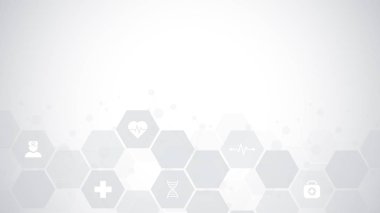 Düz simgeler ve sembollerle soyut tıbbi altyapı. Sağlık teknolojisi, yenilikçi tıp, sağlık, bilim ve araştırma için kavram ve fikir içeren şablon tasarımı.