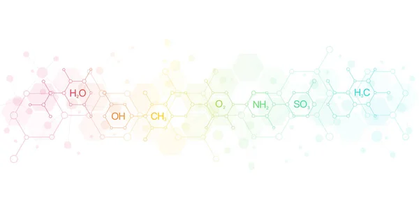 Modello astratto di chimica su fondo bianco pulito con formule chimiche e strutture molecolari. Progettazione di modelli con concetto e idea per la scienza e l'innovazione tecnologica . — Foto Stock