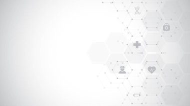 Düz simgeler ve sembollerle soyut tıbbi altyapı. Sağlık teknolojisi, yenilikçi tıp, sağlık, bilim ve araştırma için kavram ve fikir içeren şablon tasarımı.