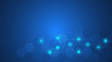 Düz simgeler ve sembollerle sağlık ve teknoloji kavramı. Sağlık sektörü için şablon tasarımı, yenilikçi tıp, bilim geçmişi, tıbbi araştırma. Vektör illüstrasyonu.