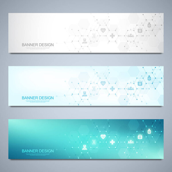 Баннеры разрабатывают шаблон для медицинского оформления с плоскими иконками и символами. Концепция науки, медицины и инновационных технологий.