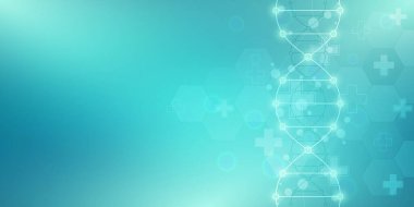 DNA ipliği ve moleküler yapı. Genetik mühendisliği ya da laboratuvar araştırması. Tıbbi veya bilimsel ve teknolojik tasarım için arkaplan dokusu.