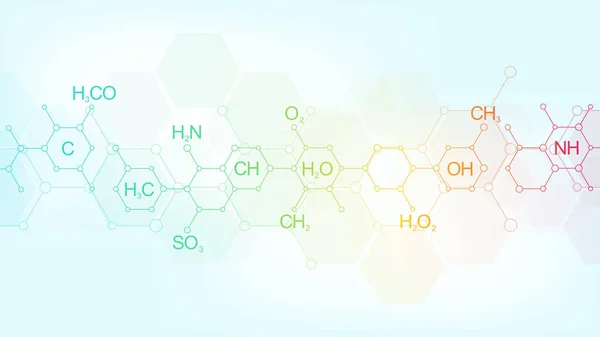 Abstrakt kemi mönster på mjuk blå bakgrund med kemiska formler och molekyl ära strukturer. Malldesign med koncept och idé för vetenskaps-och innovations teknik. — Stockfoto