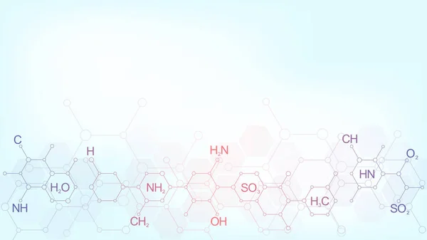 Abstracte chemie patroon op zachte blauwe achtergrond met chemische formules en moleculaire structuren. Template ontwerp met concept en idee voor wetenschap en innovatie technologie. — Stockfoto