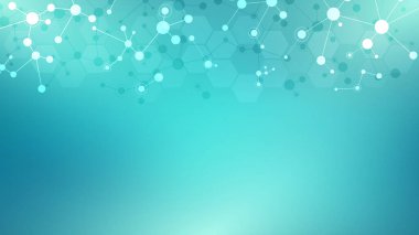 Yeşil arka plan üzerine soyut moleküller. Moleküler yapılar ya da DNA iplikçikleri, sinir ağı, genetik mühendisliği. Bilimsel ve teknolojik kavram.