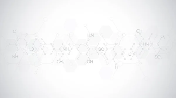 Abstraktes chemisches Muster auf weichem grauen Hintergrund mit chemischen Formeln und molekularen Strukturen. Template-Design mit Konzept und Idee für Wissenschaft und Innovationstechnologie. — Stockfoto