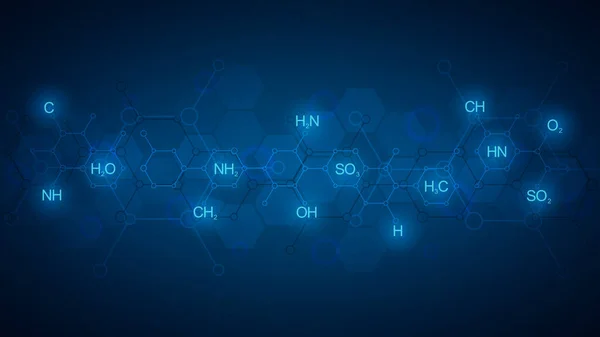 Padrão químico abstrato sobre fundo azul escuro com fórmulas químicas e estruturas moleculares. Projeto de modelo com conceito e ideia para a ciência e tecnologia de inovação . — Fotografia de Stock