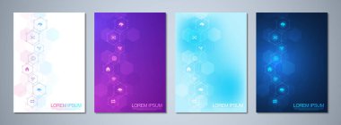 Şablon broşürü veya kapak kitabı, sayfa düzeni, teknolojik arka planı ve düz simgeleri ve sembolleri olan el ilanı tasarımı. Yenilik teknolojisi ve iletişim kavramı ve fikri.