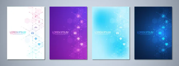 Set of template brochures or cover book, page layout, flyer design. Concept and idea for health care business, innovation medicine, pharmacy, technology. Medical background with flat icons and symbols — Stock Vector